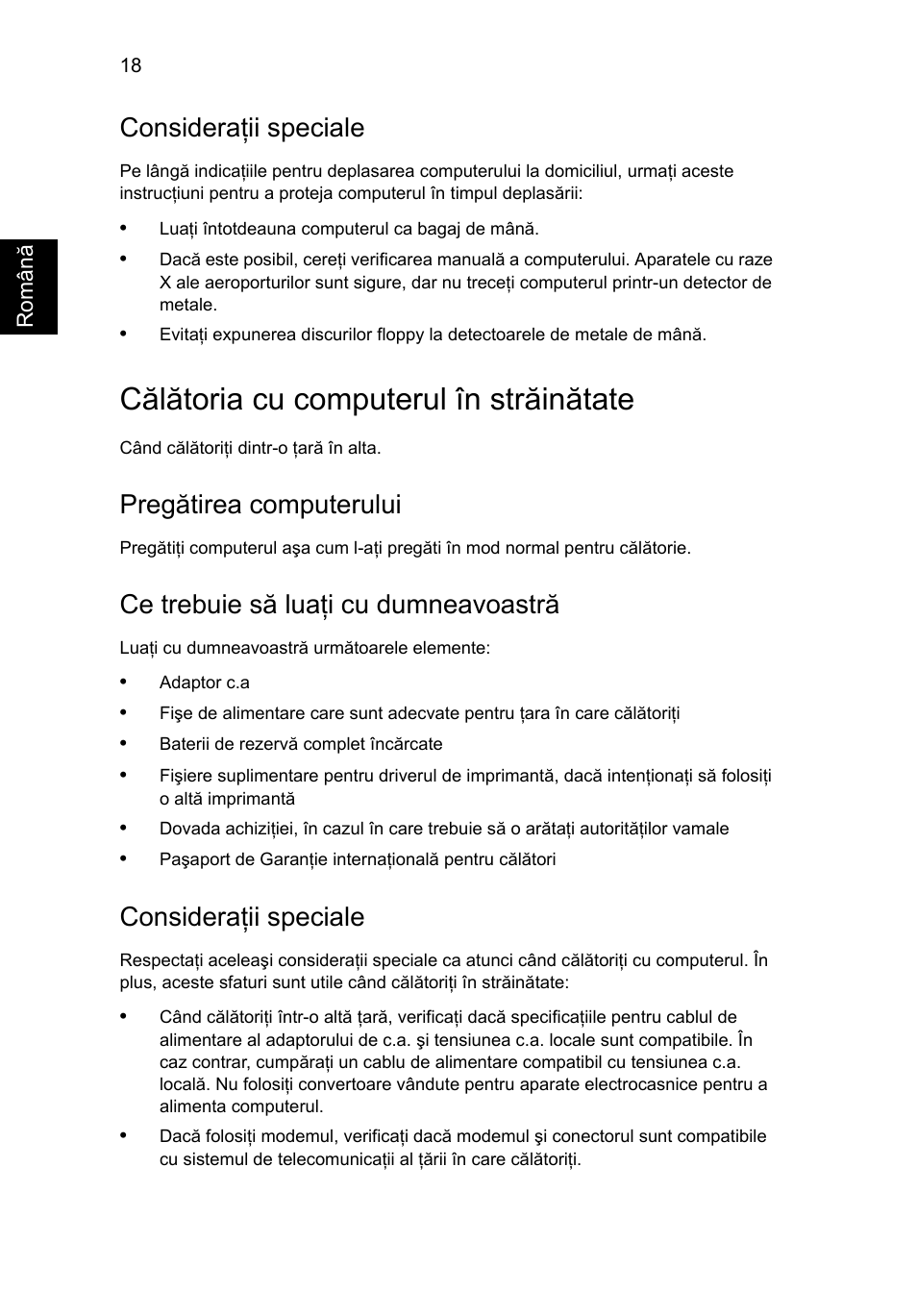 Călătoria cu computerul în străinătate, Consideraţii speciale, Pregătirea computerului | Ce trebuie să luaţi cu dumneavoastră | Acer AOD255E User Manual | Page 940 / 1454