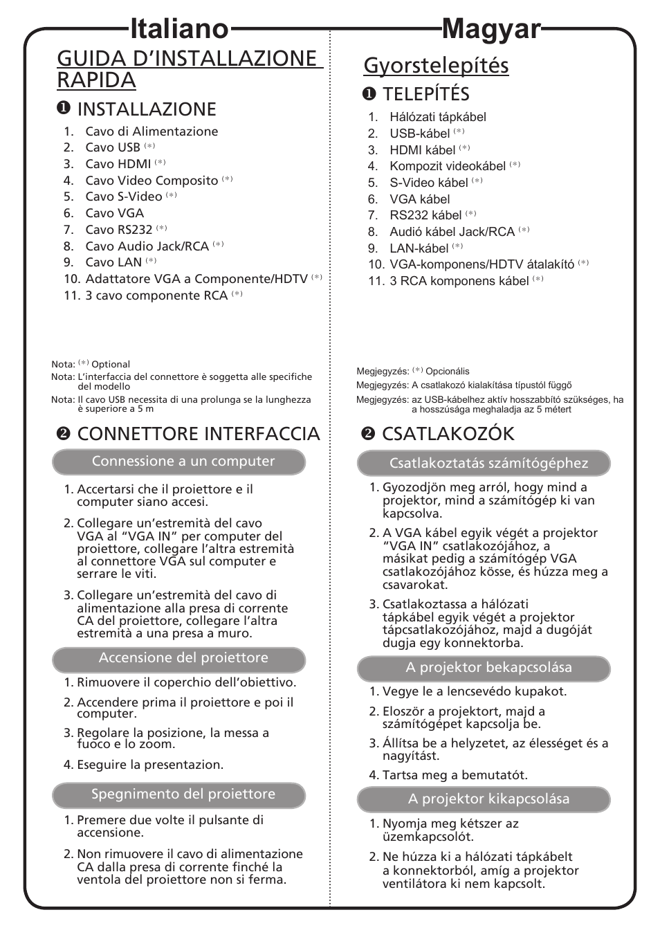 Magyar, Italiano, Gyorstelepítés | Guida d’installazione rapida, Telepítés, Csatlakozók, Installazione, Connettore interfaccia | Acer S1370WHn User Manual | Page 7 / 18