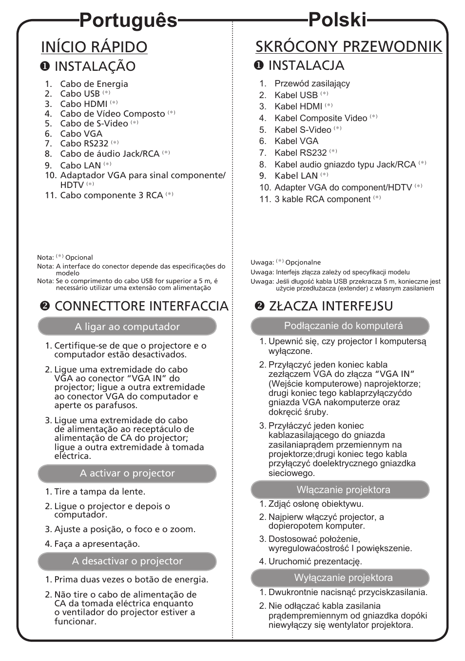 Português, Polski, Início rápido | Skrócony przewodnik, Instalação, Connecttore interfaccia, Instalacja, Złacza interfejsu | Acer S1370WHn User Manual | Page 9 / 18