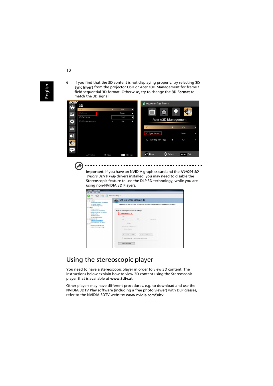 Using the stereoscopic player | Acer P7505 User Manual | Page 10 / 13