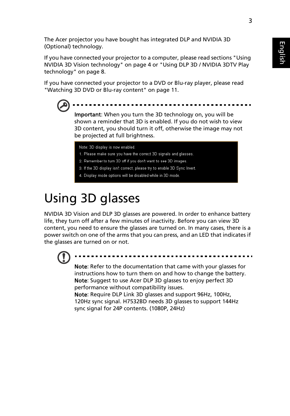 Using 3d glasses | Acer P7505 User Manual | Page 3 / 13