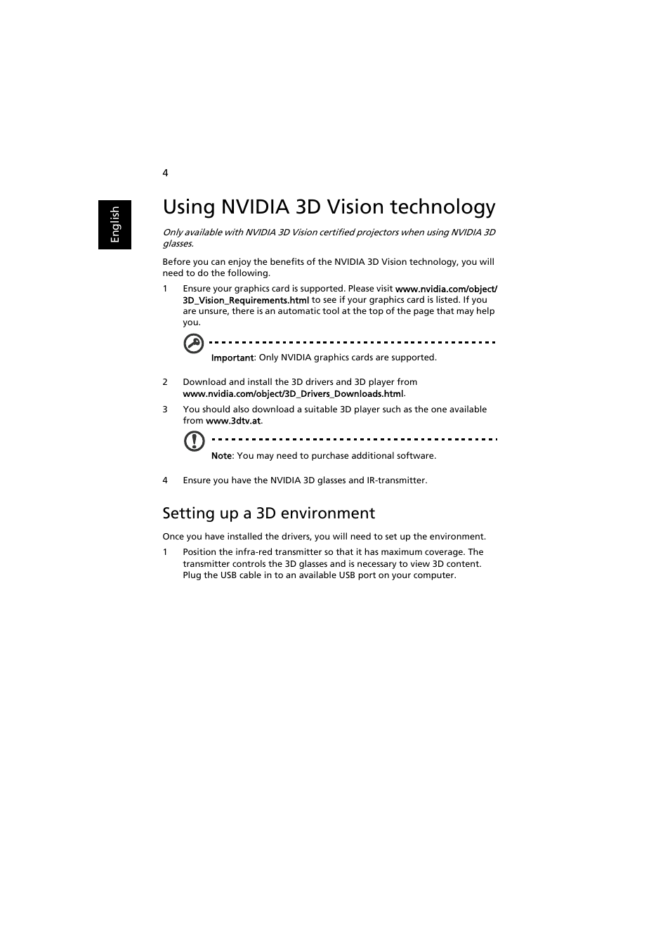 Using nvidia 3d vision technology, Setting up a 3d environment | Acer P7505 User Manual | Page 4 / 13