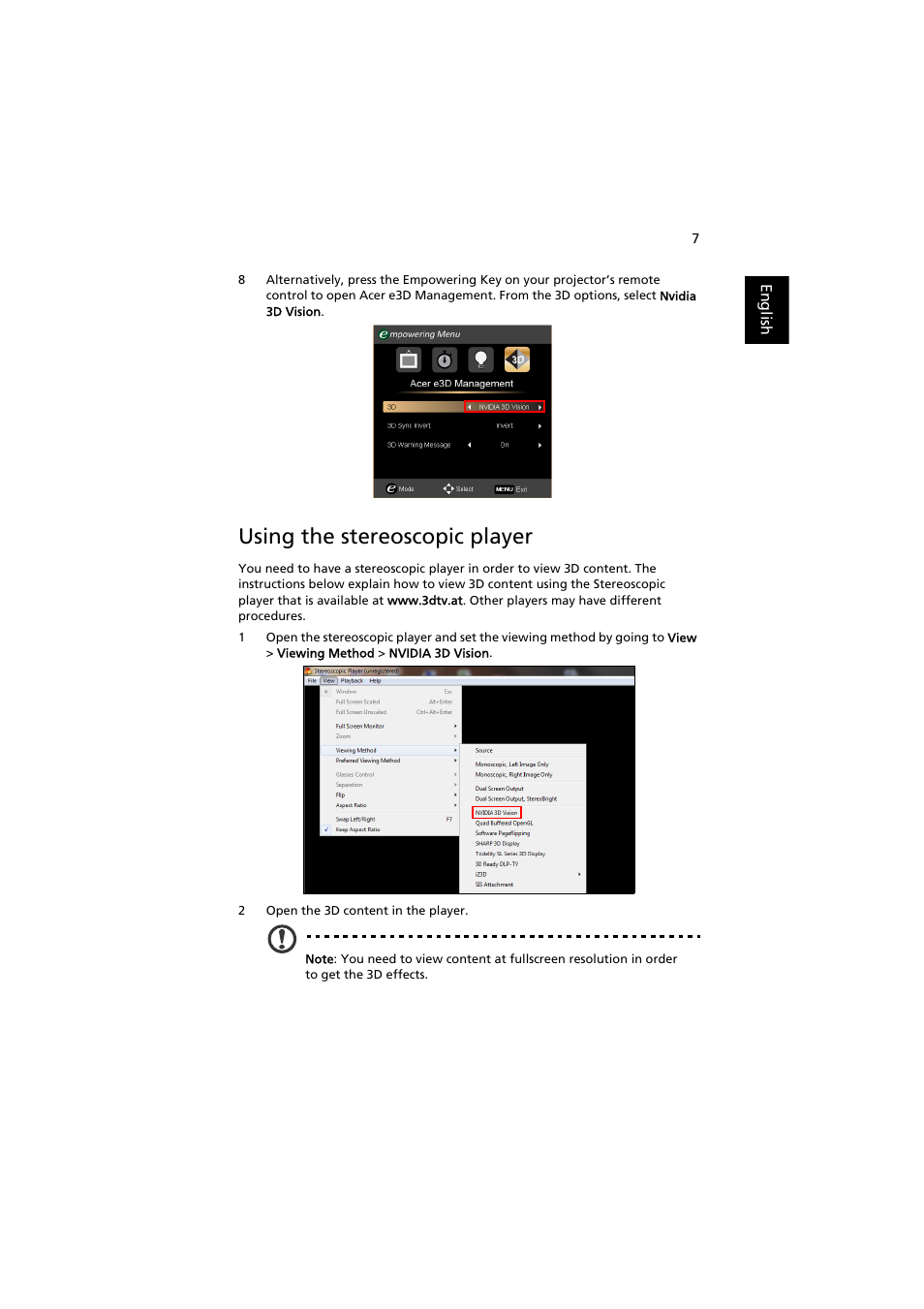 Using the stereoscopic player | Acer P7505 User Manual | Page 7 / 13