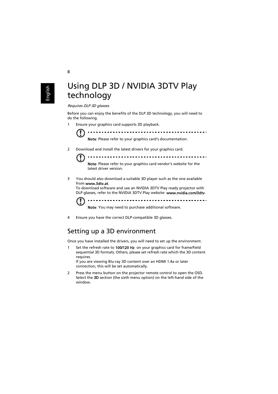 Using dlp 3d / nvidia 3dtv play technology, Setting up a 3d environment | Acer P7505 User Manual | Page 8 / 13