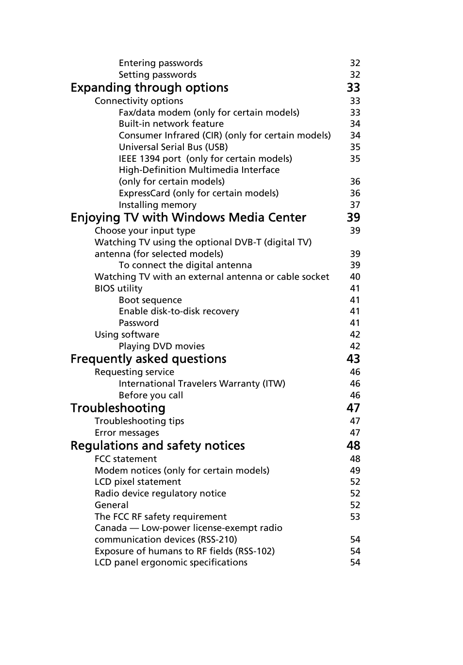 Expanding through options 33, Enjoying tv with windows media center 39, Frequently asked questions 43 | Troubleshooting 47, Regulations and safety notices 48 | Acer Aspire Series User Manual | Page 19 / 74
