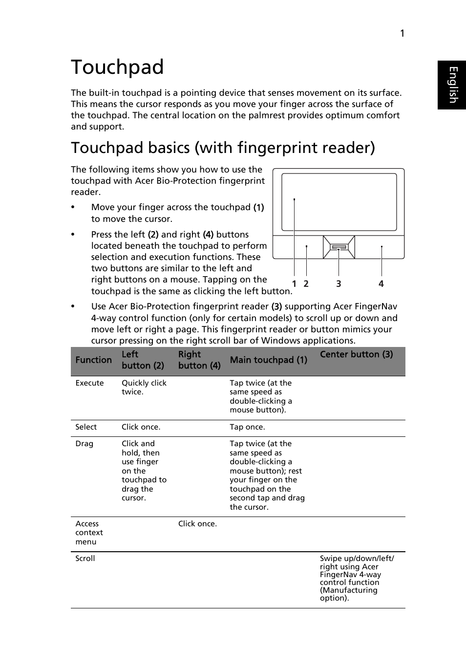Touchpad, Touchpad basics (with fingerprint reader), Eng lis h | Acer Aspire Series User Manual | Page 21 / 74
