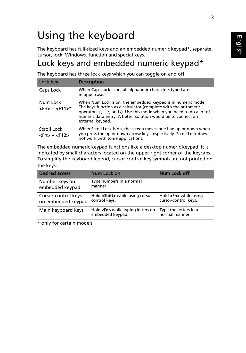 Using the keyboard, Lock keys and embedded numeric keypad | Acer Aspire Series User Manual | Page 23 / 74