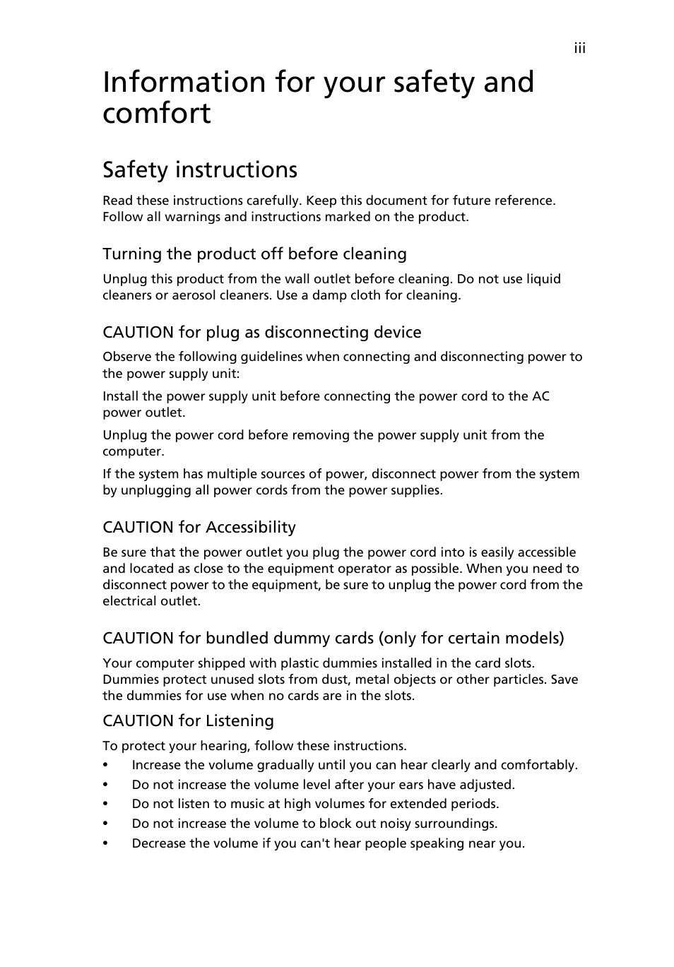 Information for your safety and comfort, Safety instructions | Acer Aspire Series User Manual | Page 3 / 74