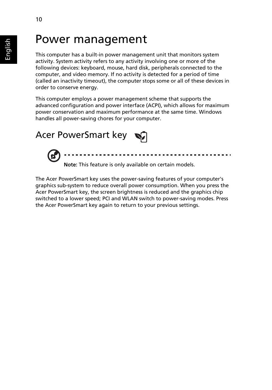 Power management, Acer powersmart key | Acer Aspire Series User Manual | Page 30 / 74