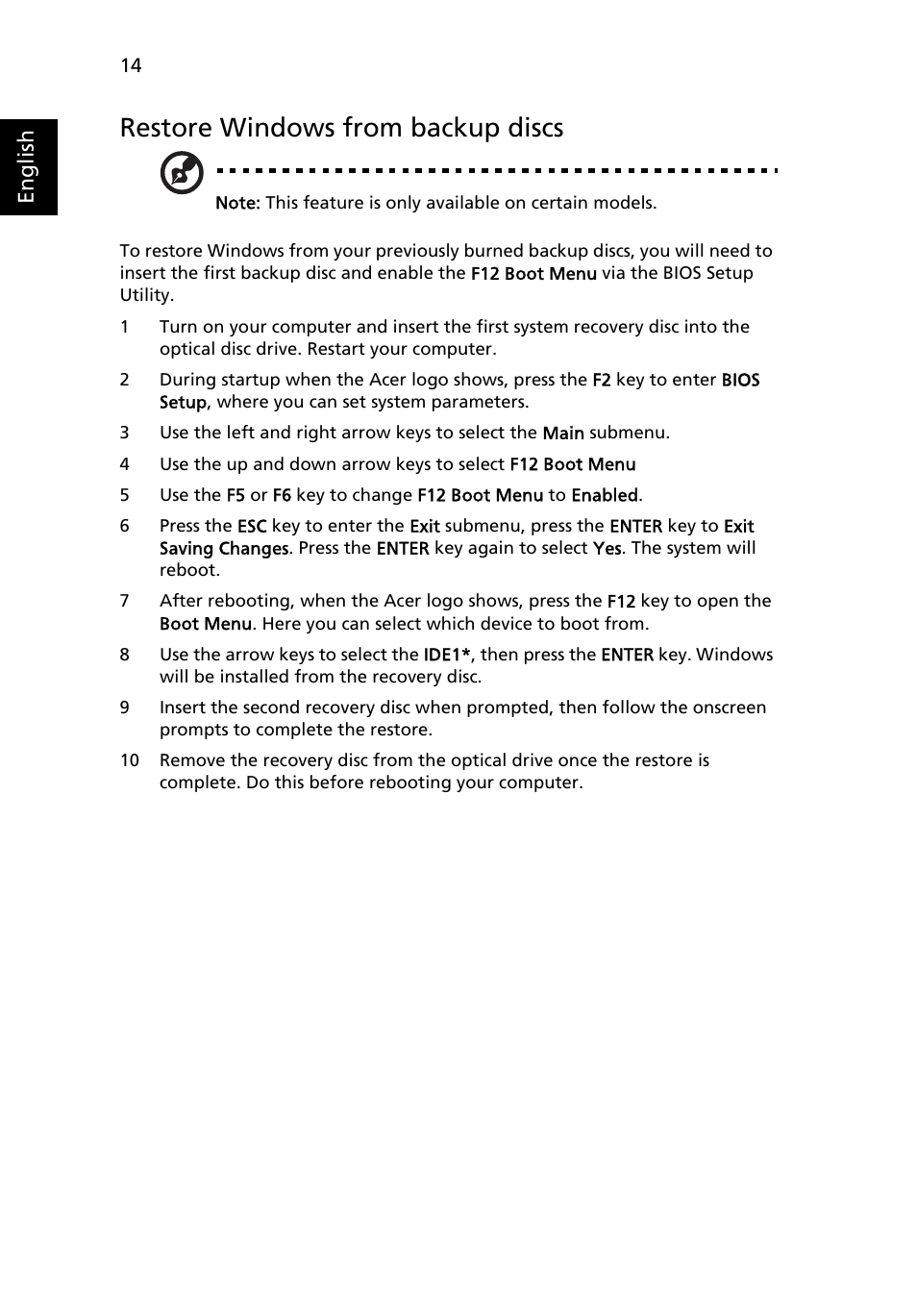 Restore windows from backup discs | Acer Aspire Series User Manual | Page 34 / 74