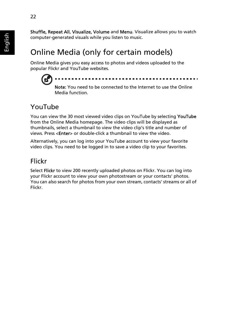 Online media (only for certain models), Youtube, Flickr | Acer Aspire Series User Manual | Page 42 / 74