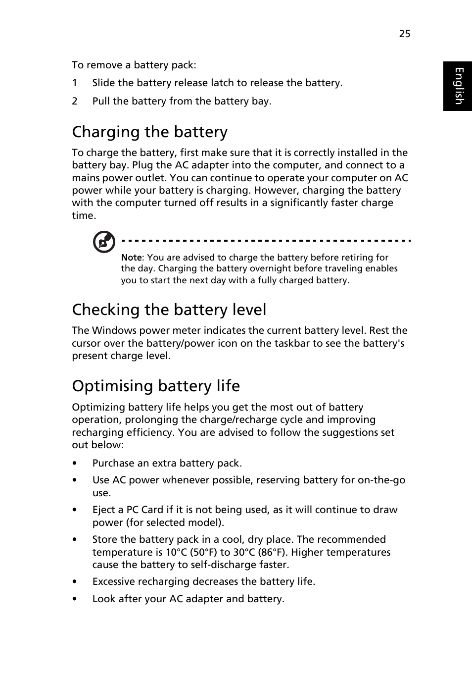 Charging the battery, Checking the battery level, Optimising battery life | Acer Aspire Series User Manual | Page 45 / 74