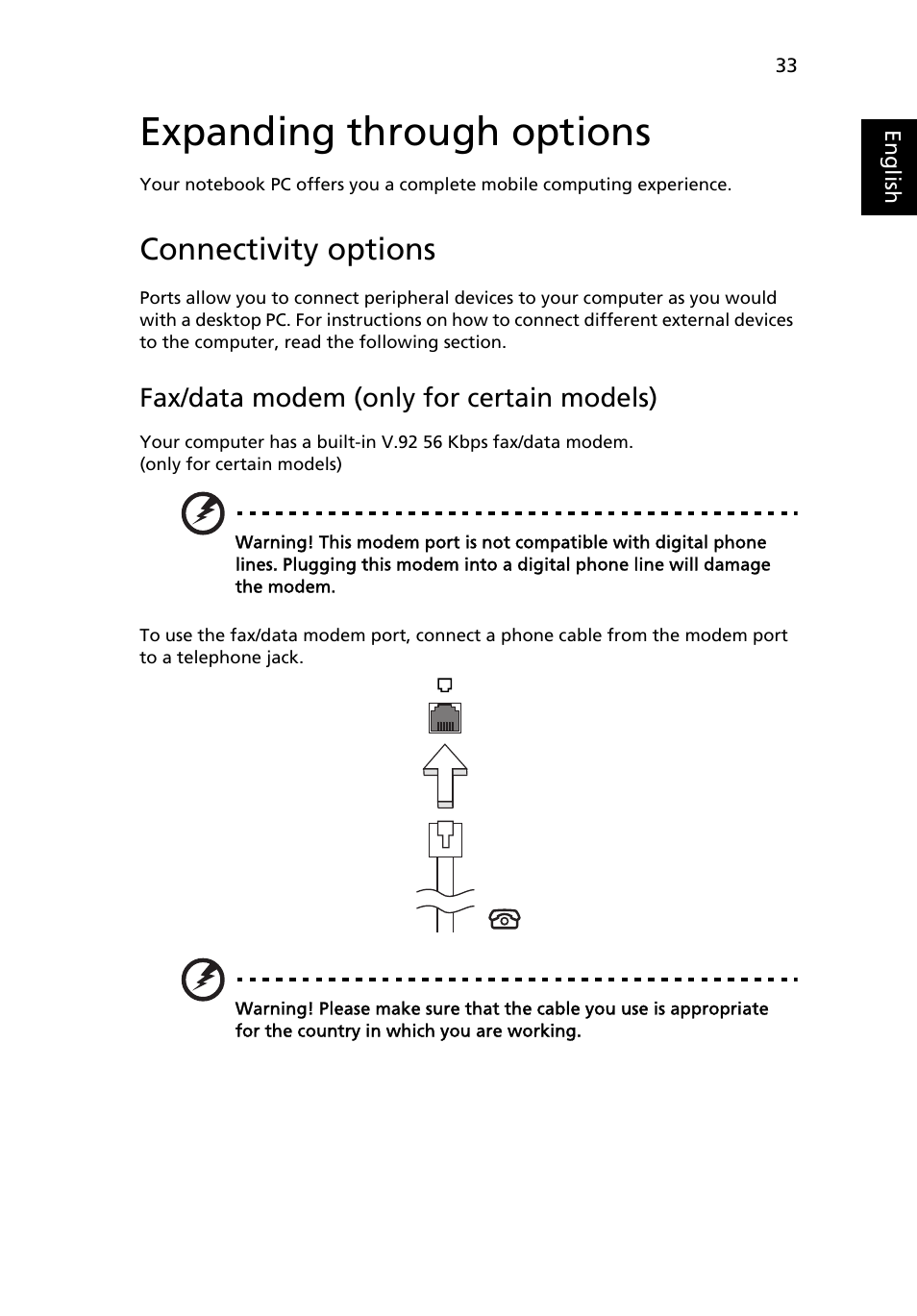 Expanding through options, Connectivity options, Fax/data modem (only for certain models) | Acer Aspire Series User Manual | Page 53 / 74