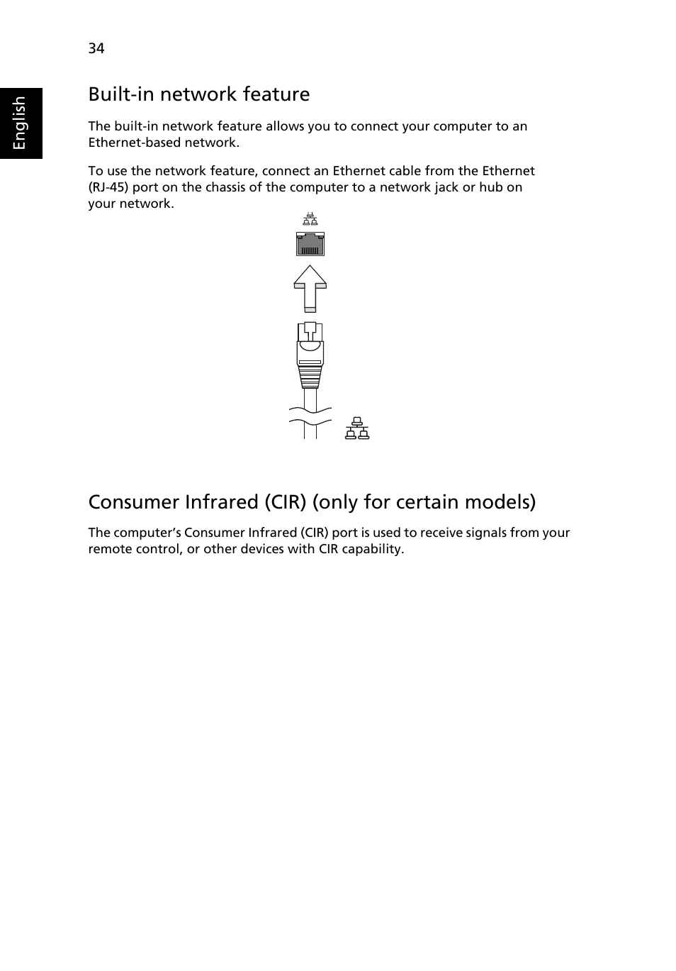 Built-in network feature, Consumer infrared (cir) (only for certain models) | Acer Aspire Series User Manual | Page 54 / 74