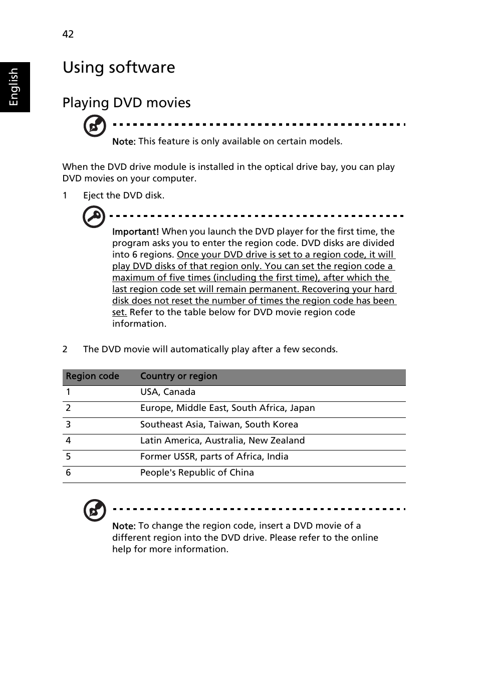Using software, Playing dvd movies | Acer Aspire Series User Manual | Page 62 / 74