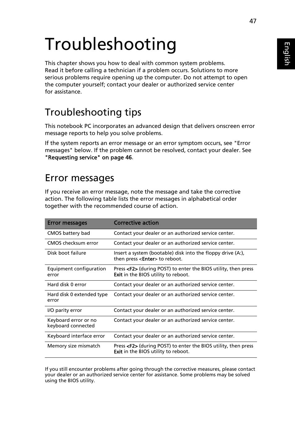 Troubleshooting, Troubleshooting tips, Error messages | Eng lis h | Acer Aspire Series User Manual | Page 67 / 74