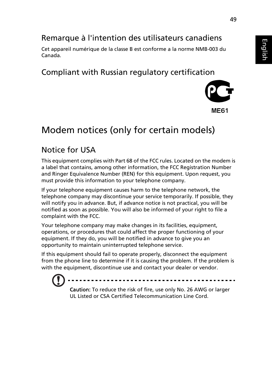 Modem notices (only for certain models), Remarque à l'intention des utilisateurs canadiens, Compliant with russian regulatory certification | Notice for usa | Acer Aspire Series User Manual | Page 69 / 74