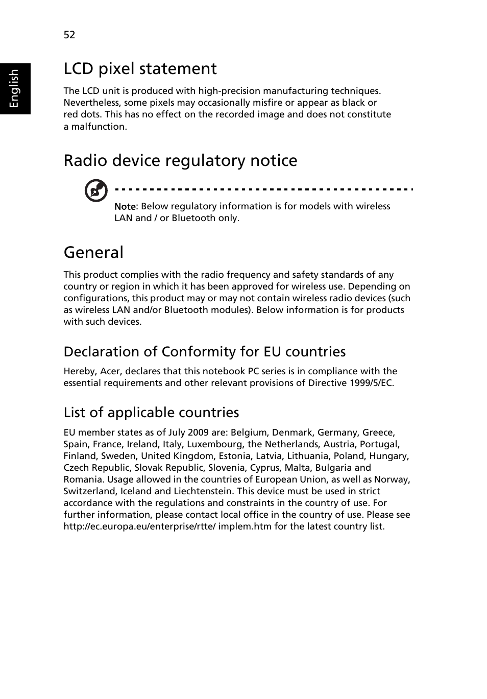 Lcd pixel statement, Radio device regulatory notice, General | Declaration of conformity for eu countries, List of applicable countries | Acer Aspire Series User Manual | Page 72 / 74