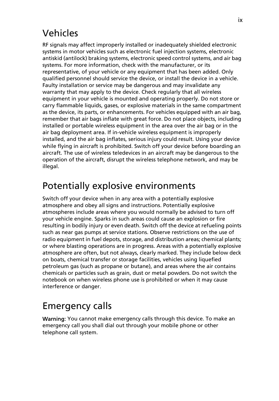 Vehicles, Potentially explosive environments, Emergency calls | Acer Aspire Series User Manual | Page 9 / 74