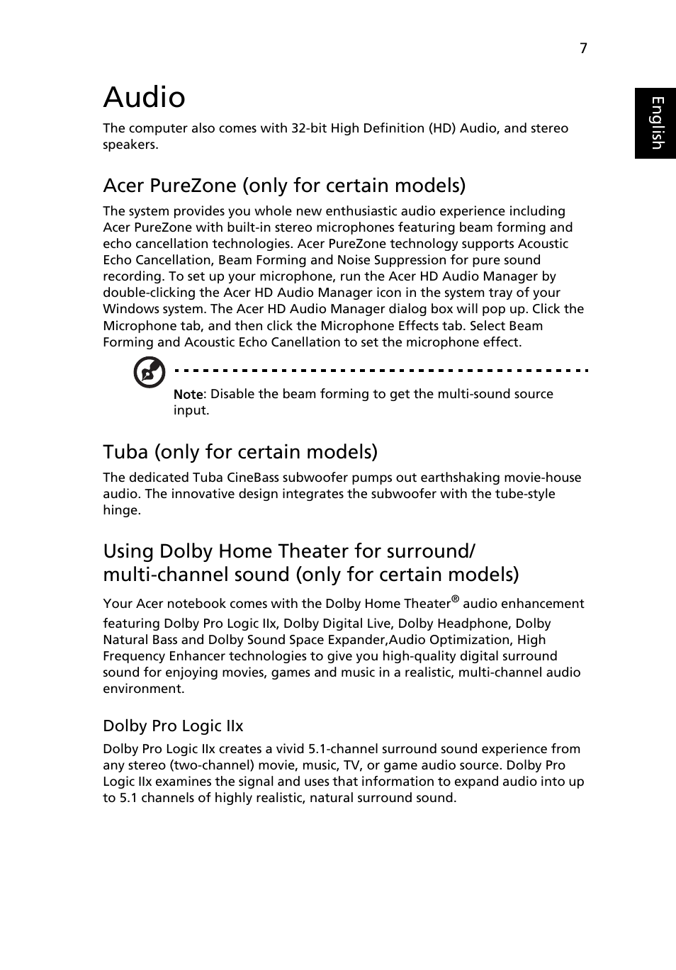 Audio, Acer purezone (only for certain models), Tuba (only for certain models) | Acer Aspire Series (Generic User Guide) User Manual | Page 27 / 76