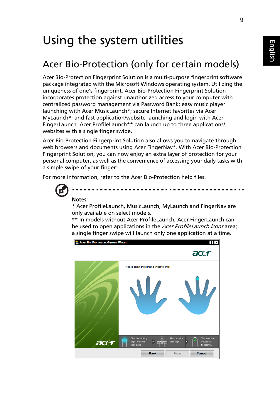 Using the system utilities, Acer bio-protection (only for certain models) | Acer Aspire Series (Generic User Guide) User Manual | Page 29 / 76