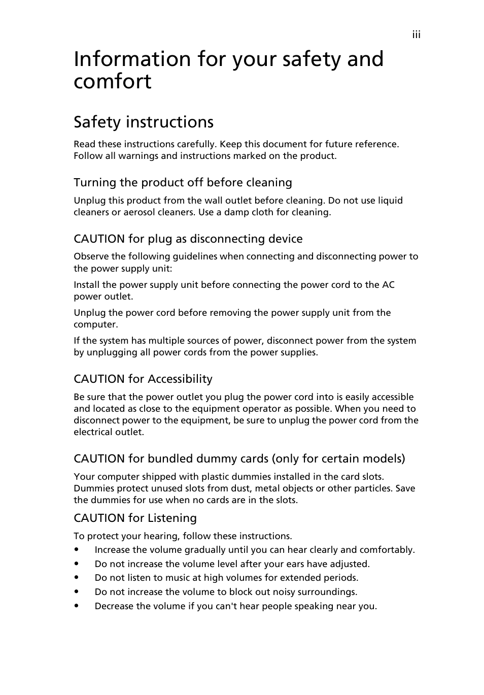 Information for your safety and comfort, Safety instructions | Acer Aspire Series (Generic User Guide) User Manual | Page 3 / 76