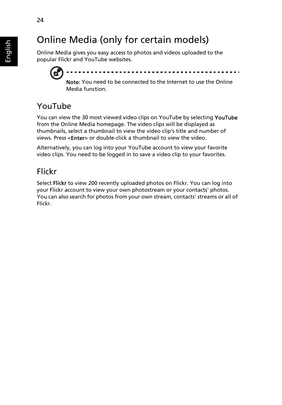 Online media (only for certain models), Youtube, Flickr | Acer Aspire Series (Generic User Guide) User Manual | Page 44 / 76