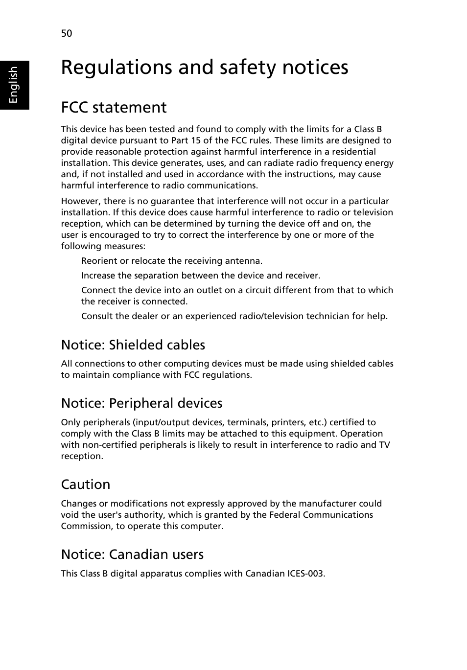 Regulations and safety notices, Fcc statement, Notice: shielded cables | Notice: peripheral devices, Caution, Notice: canadian users | Acer Aspire Series (Generic User Guide) User Manual | Page 70 / 76