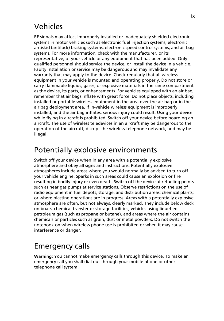 Vehicles, Potentially explosive environments, Emergency calls | Acer Aspire Series (Generic User Guide) User Manual | Page 9 / 76