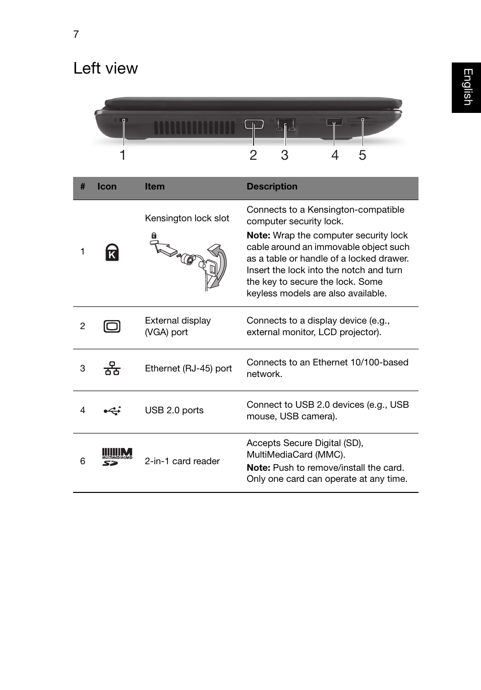 Left view | Acer TravelMate 5744 User Manual | Page 7 / 9