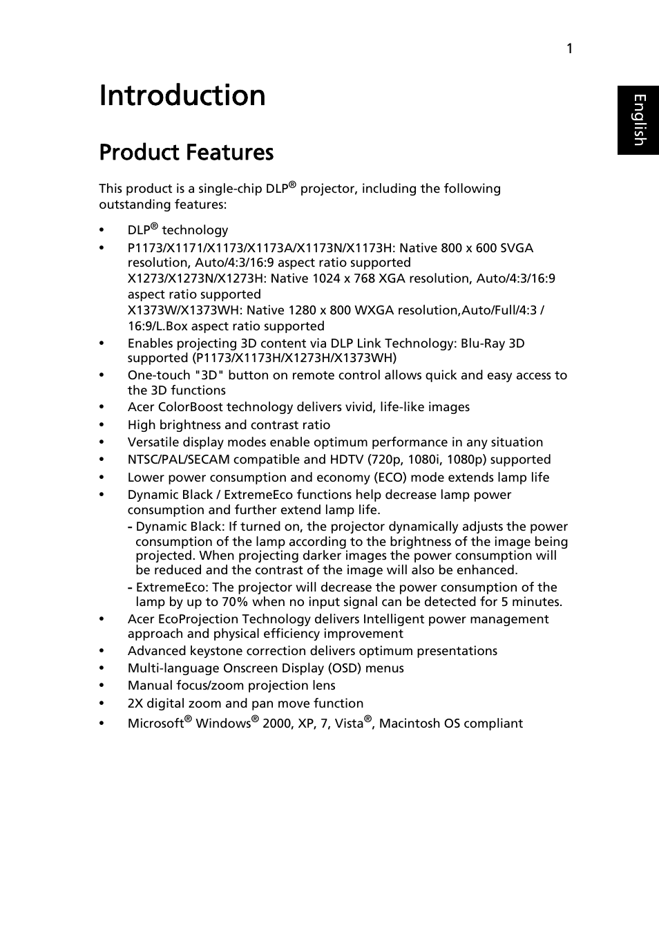 Introduction, Product features | Acer X1173 User Manual | Page 11 / 58