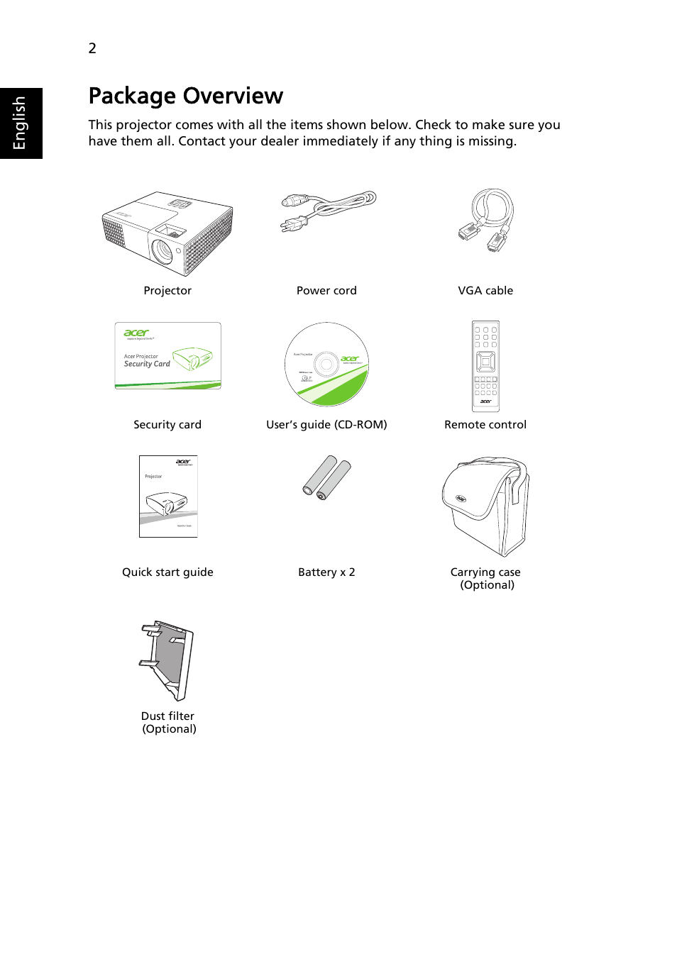 Package overview, English | Acer X1173 User Manual | Page 12 / 58