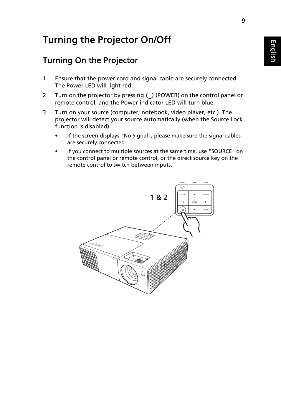 Turning the projector on/off, Turning on the projector | Acer X1173 User Manual | Page 19 / 58