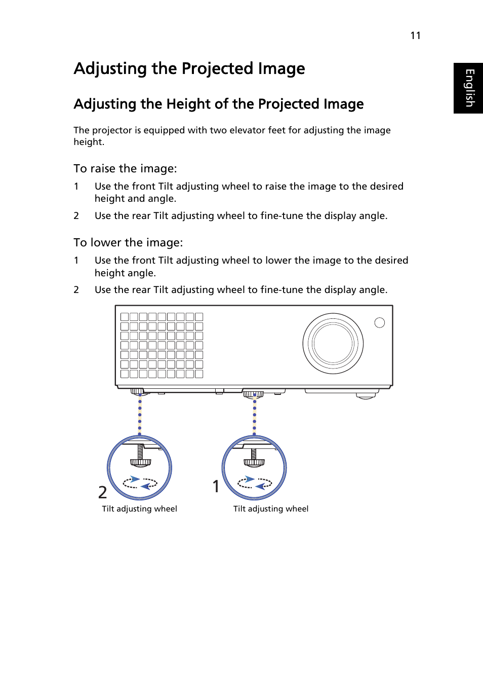 Adjusting the projected image, Adjusting the height of the projected image | Acer X1173 User Manual | Page 21 / 58