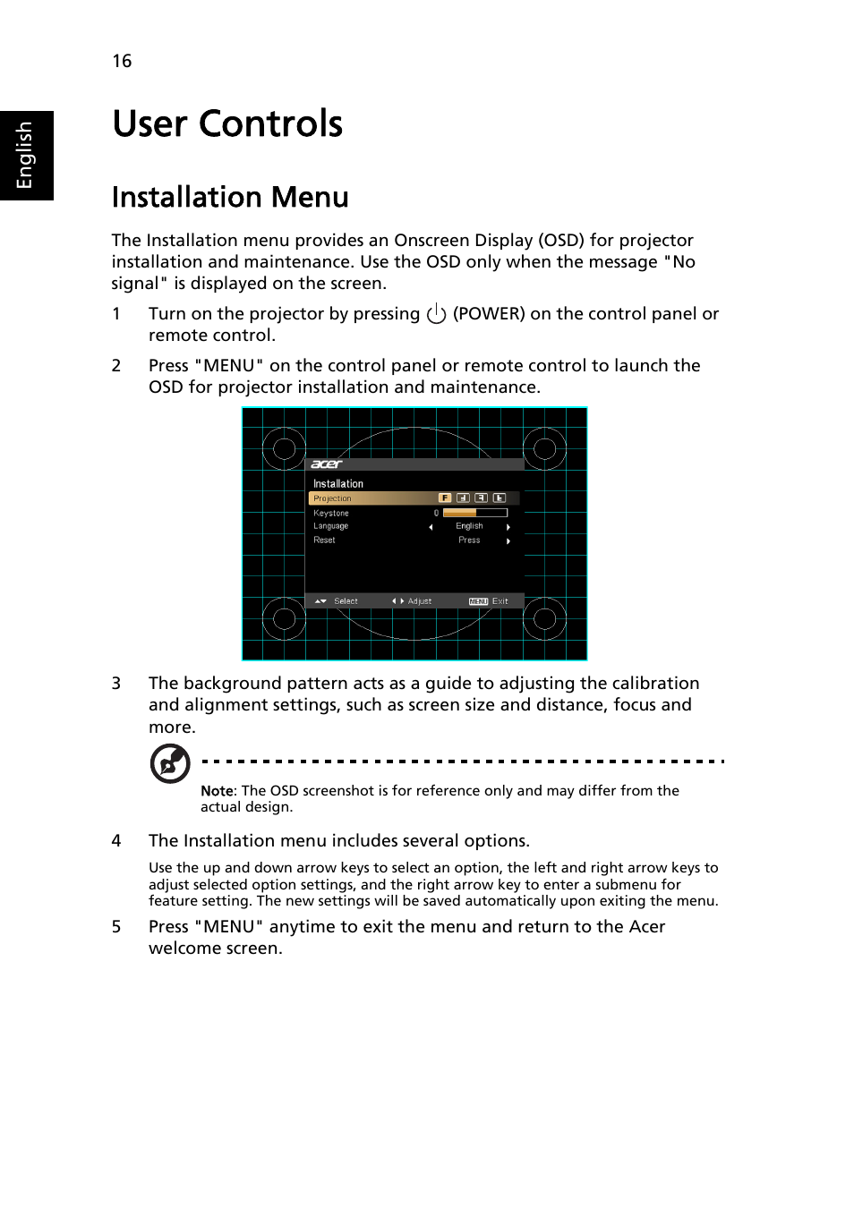 User controls, Installation menu | Acer X1173 User Manual | Page 26 / 58