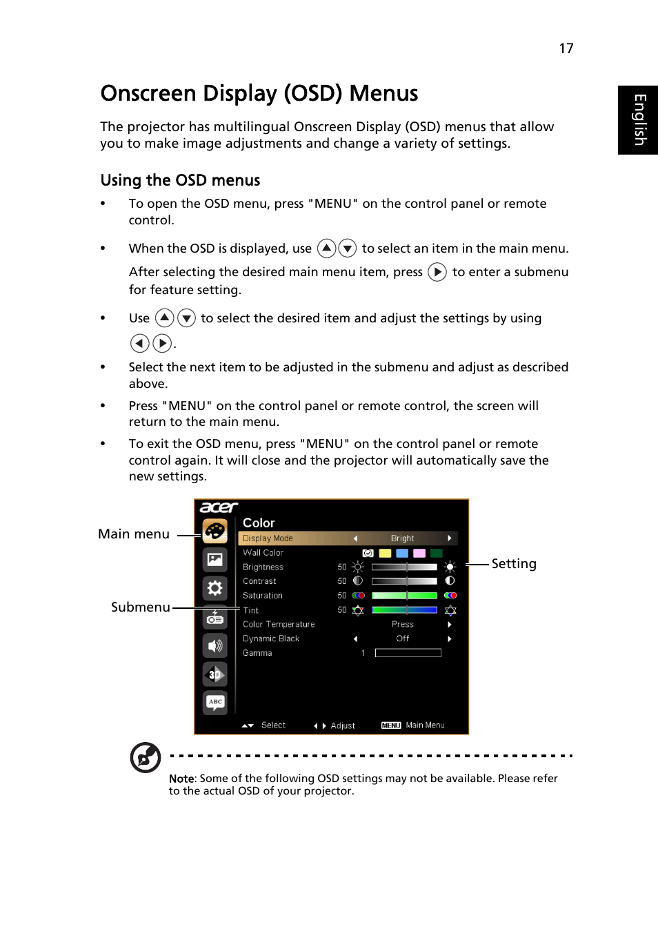 Onscreen display (osd) menus | Acer X1173 User Manual | Page 27 / 58