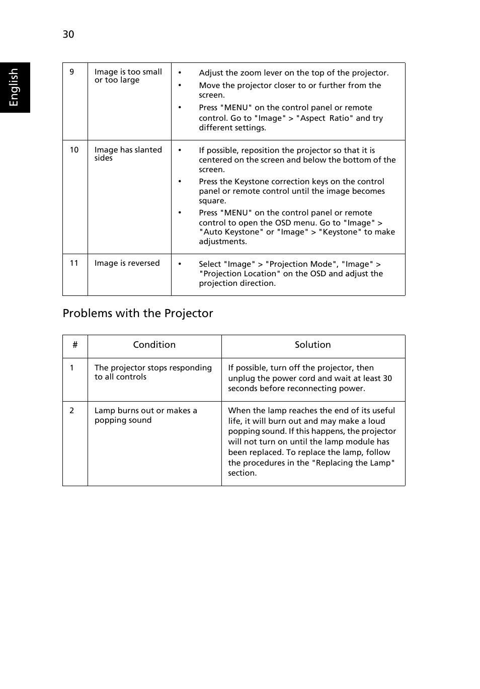 English problems with the projector | Acer X1173 User Manual | Page 40 / 58
