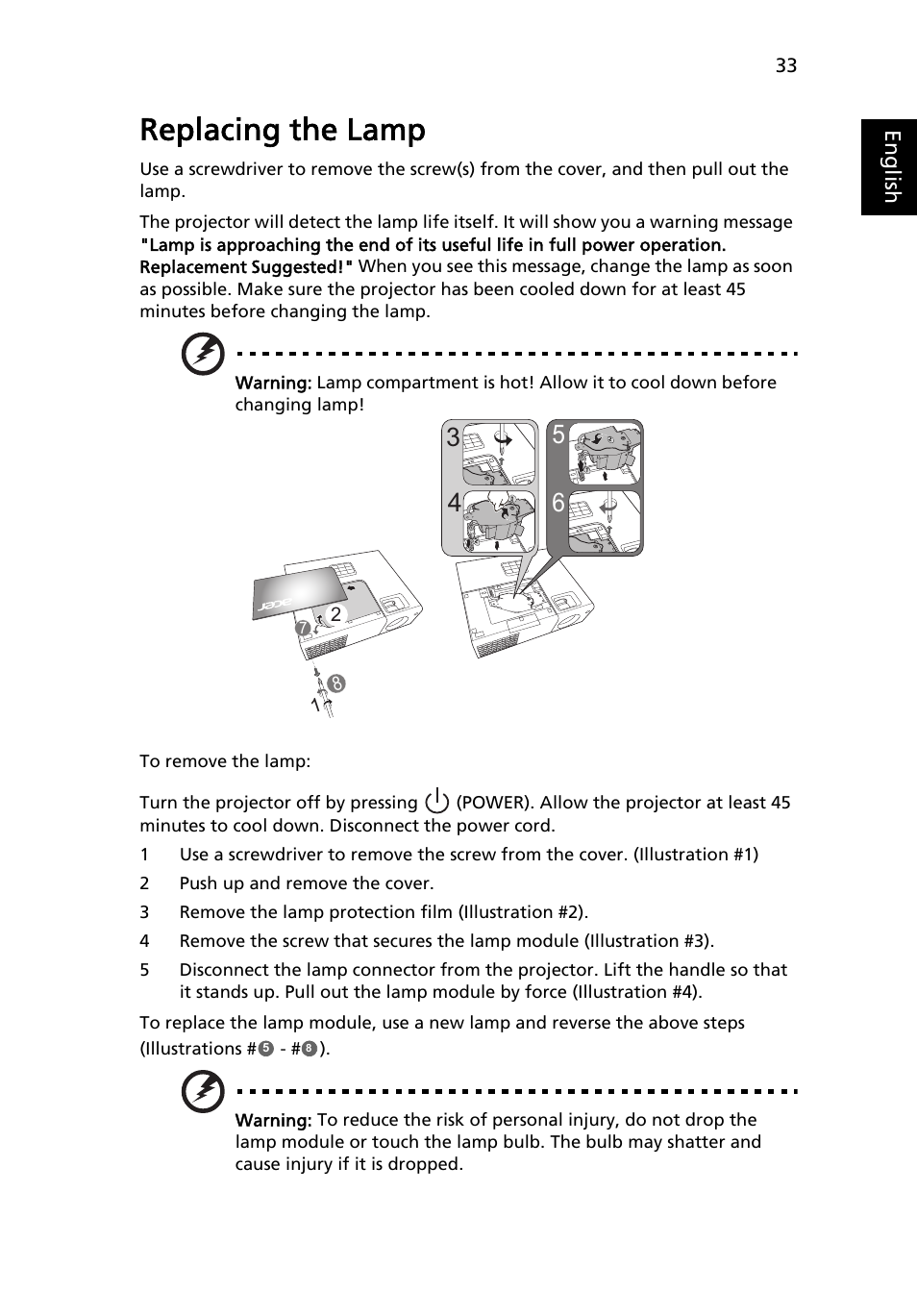 Replacing the lamp, E "replacing the lamp, Eng lis h | Acer X1173 User Manual | Page 43 / 58