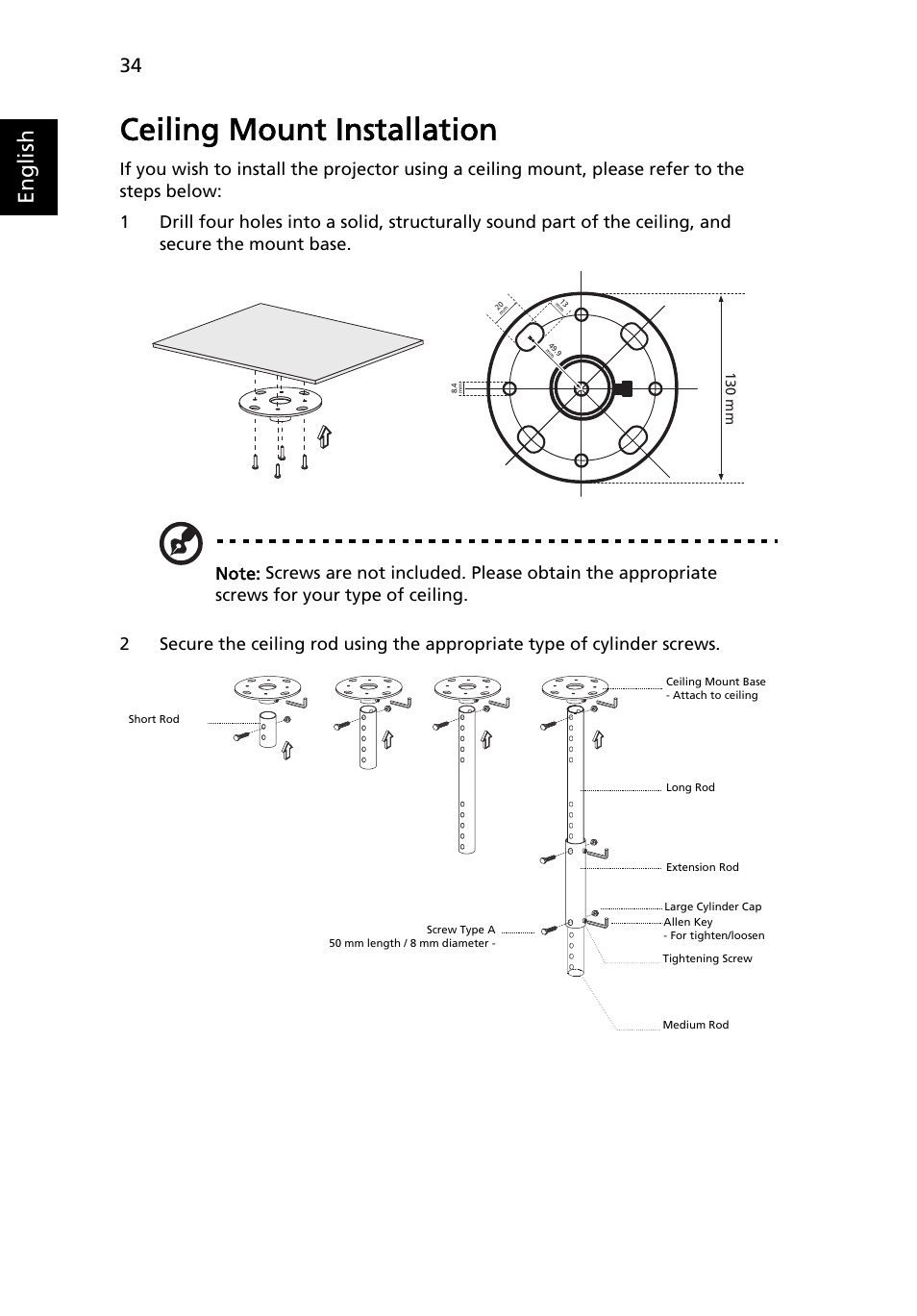 Ceiling mount installation, English | Acer X1173 User Manual | Page 44 / 58