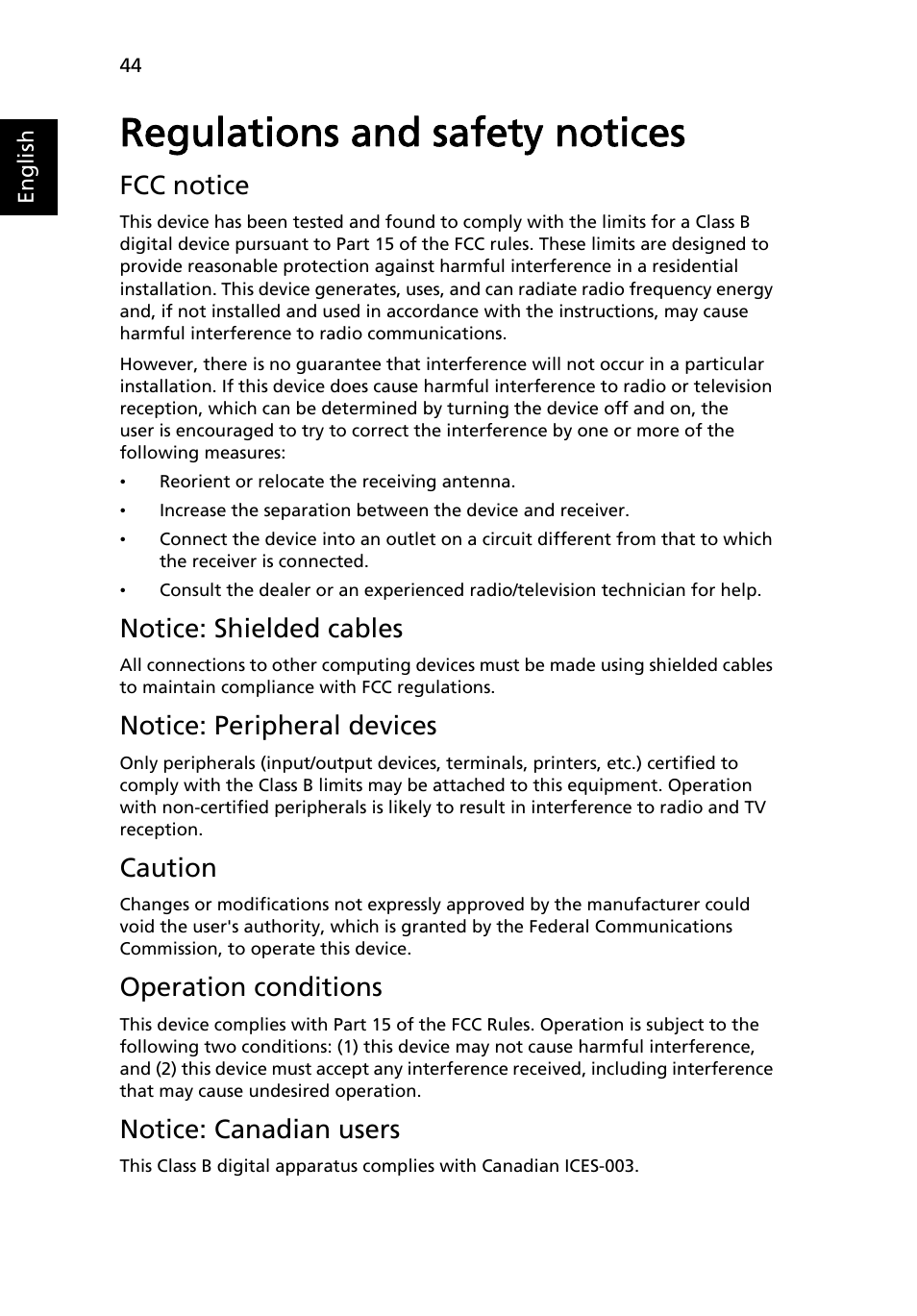 Regulations and safety notices, Fcc notice, Notice: shielded cables | Notice: peripheral devices, Caution, Operation conditions, Notice: canadian users | Acer X1173 User Manual | Page 54 / 58