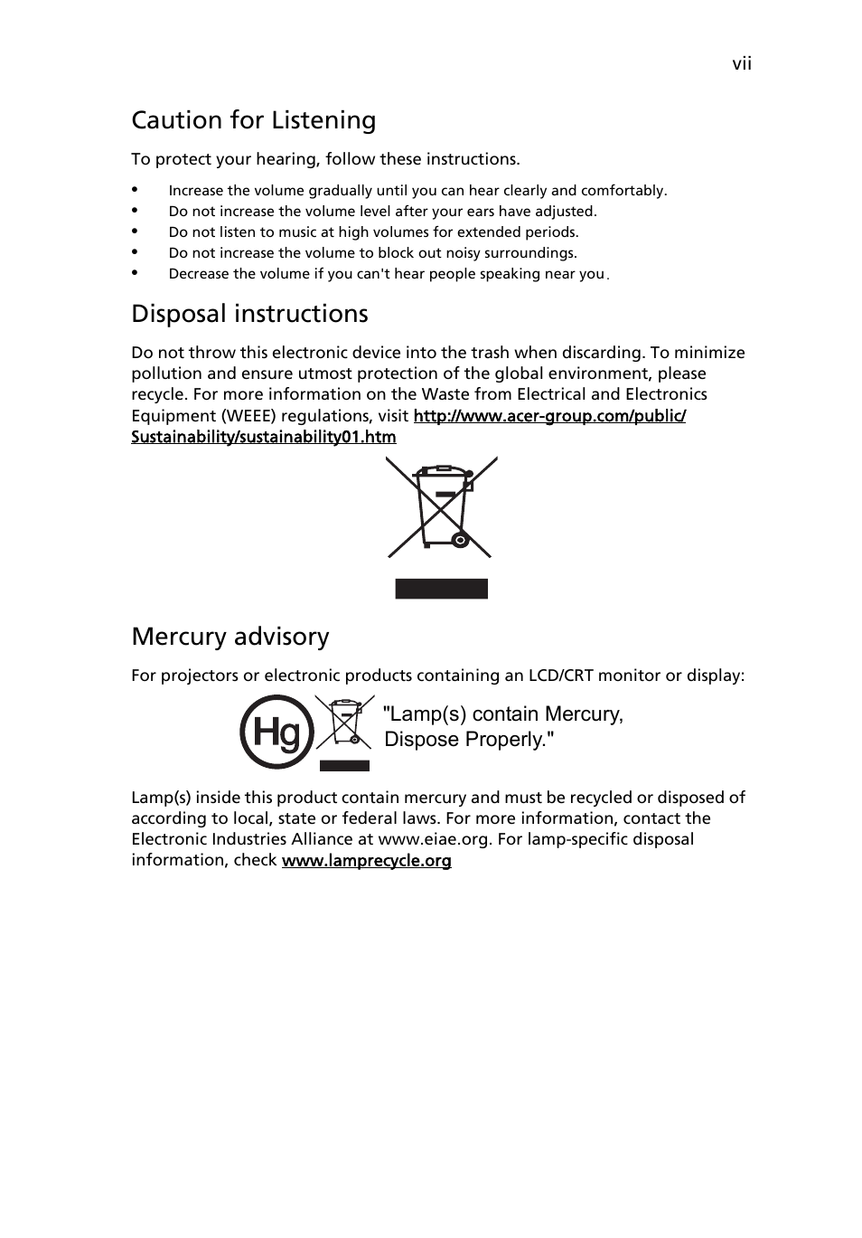 Caution for listening, Disposal instructions, Mercury advisory | Acer X1173 User Manual | Page 7 / 58