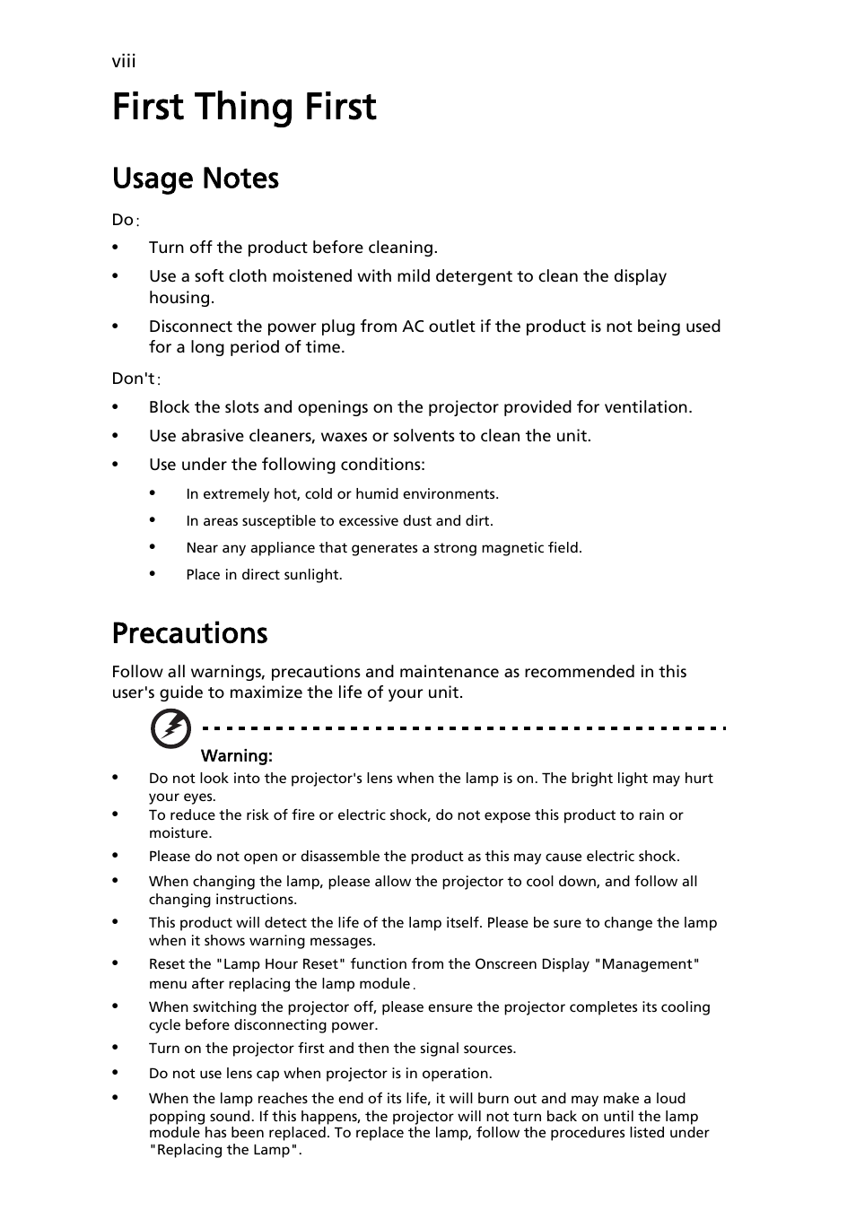 First thing first, Usage notes, Precautions | Acer X1173 User Manual | Page 8 / 58