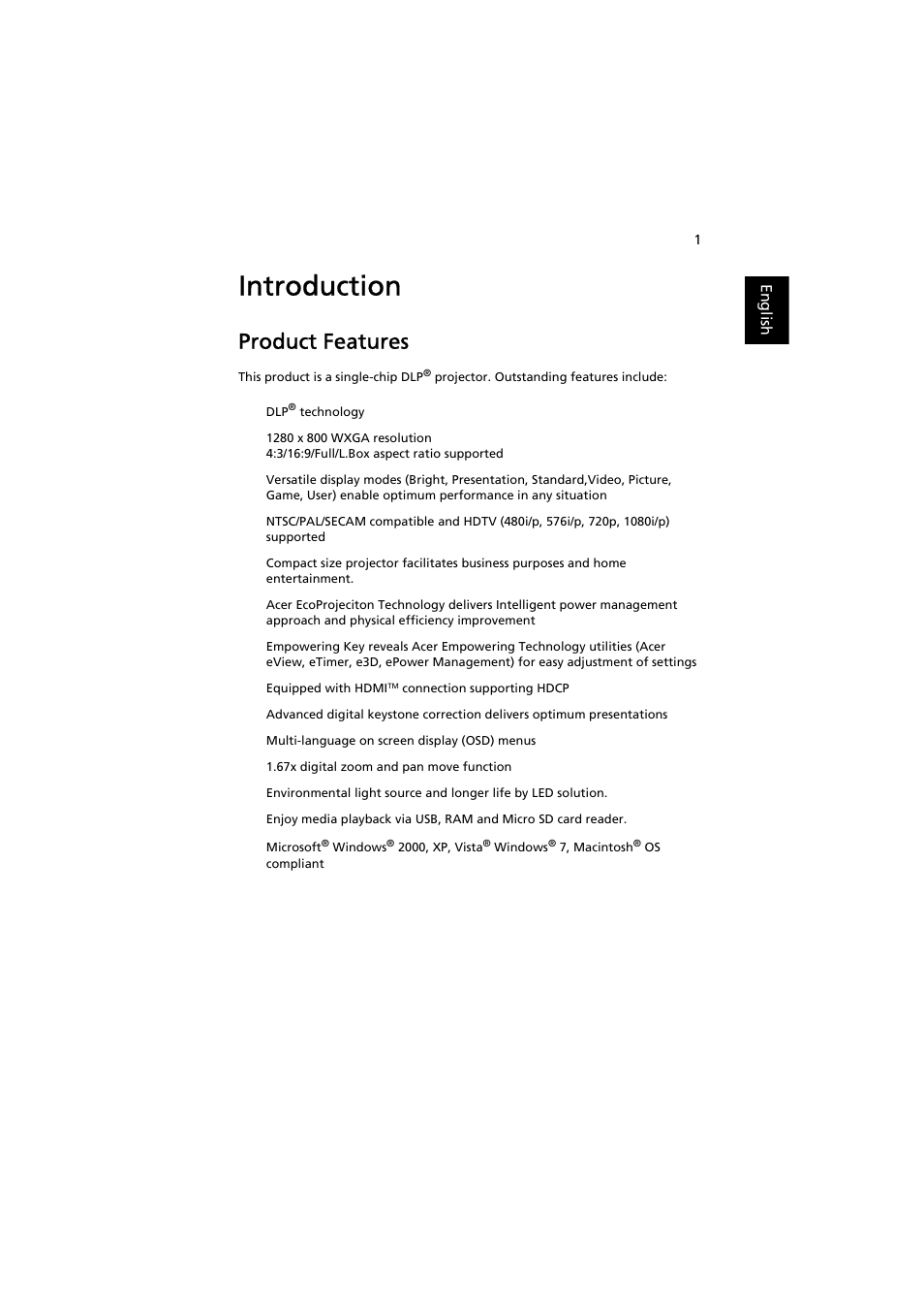 Introduction, Product features | Acer K130 User Manual | Page 11 / 50