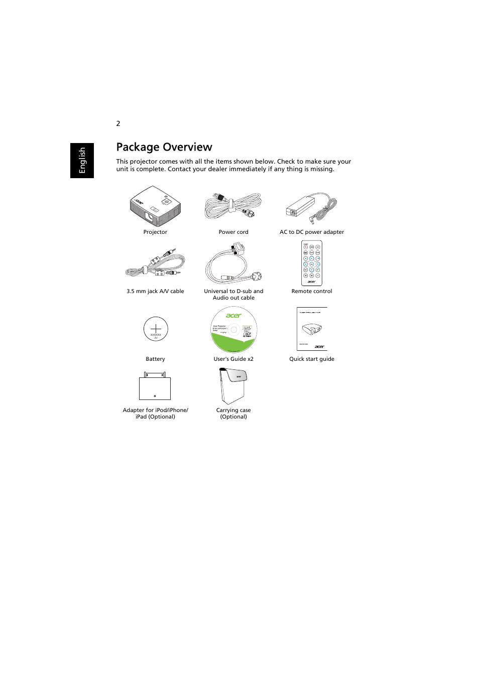 Package overview | Acer K130 User Manual | Page 12 / 50