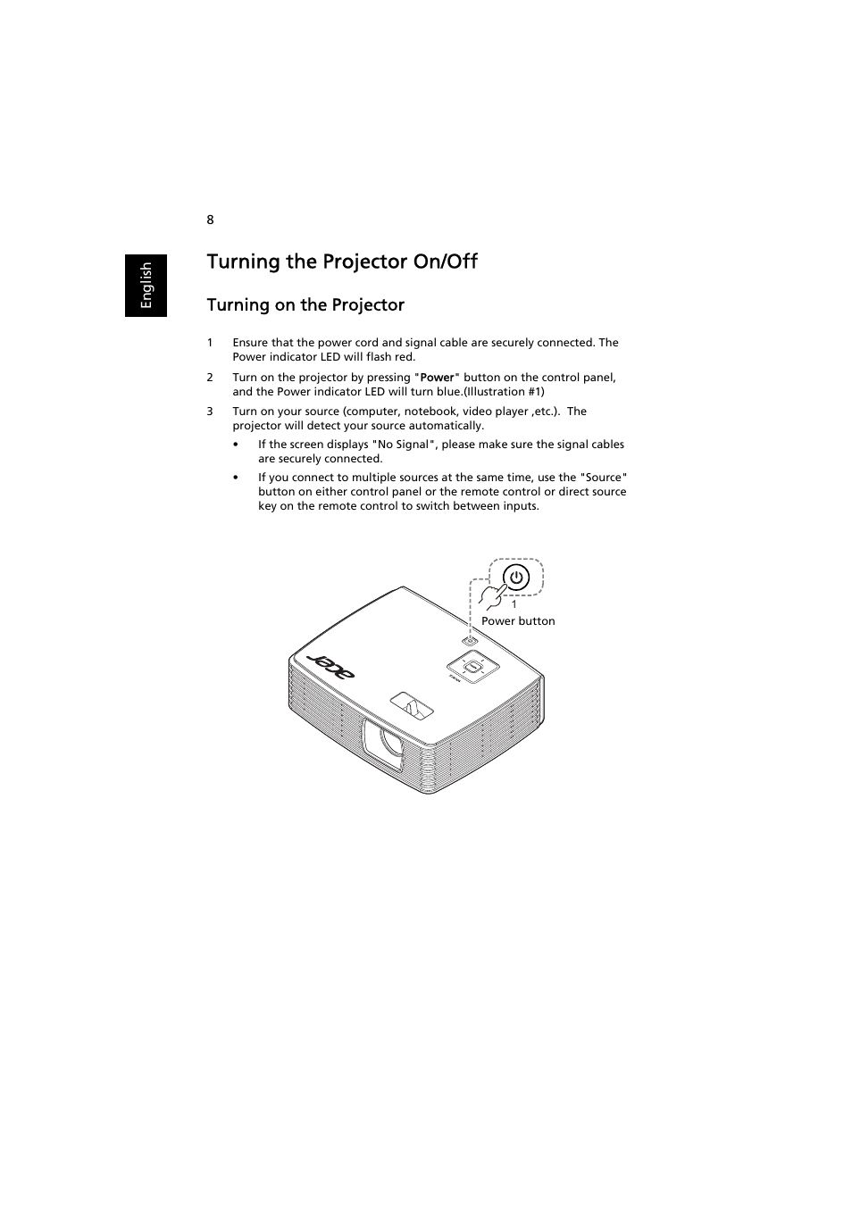 Turning the projector on/off, Turning on the projector | Acer K130 User Manual | Page 18 / 50