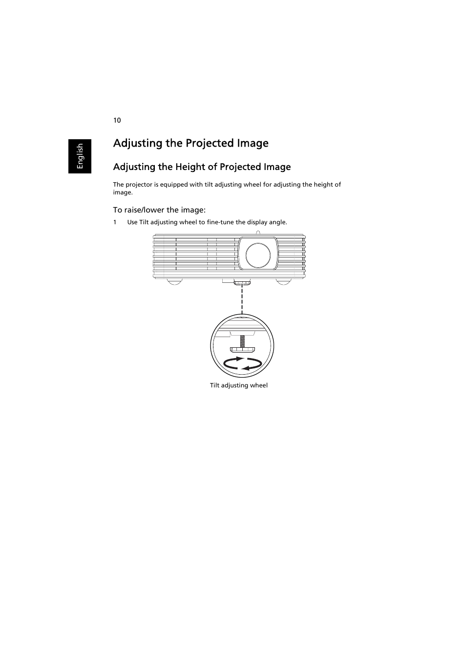 Adjusting the projected image, Adjusting the height of projected image | Acer K130 User Manual | Page 20 / 50