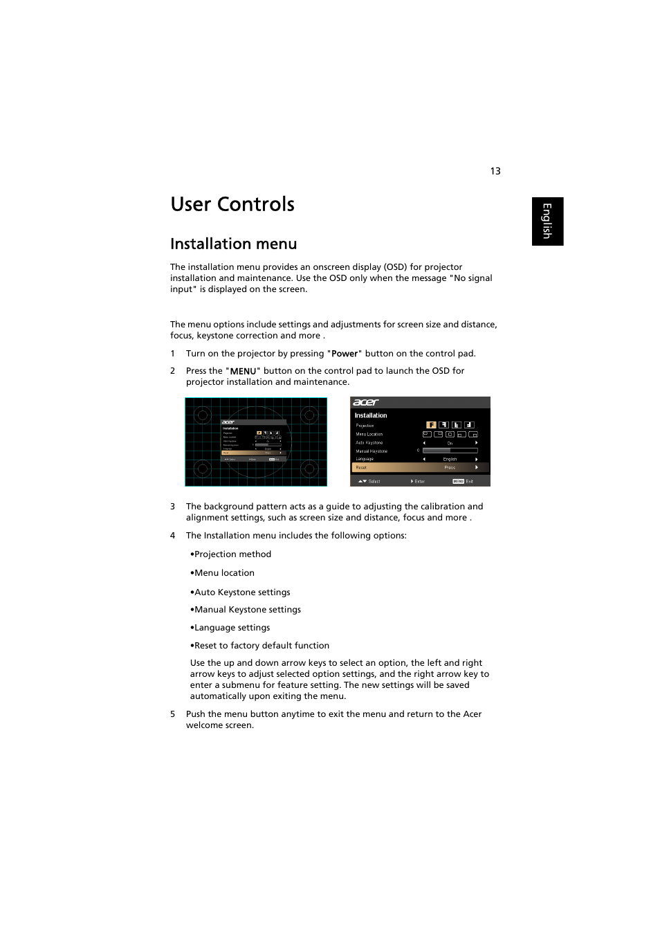 User controls, Installation menu | Acer K130 User Manual | Page 23 / 50