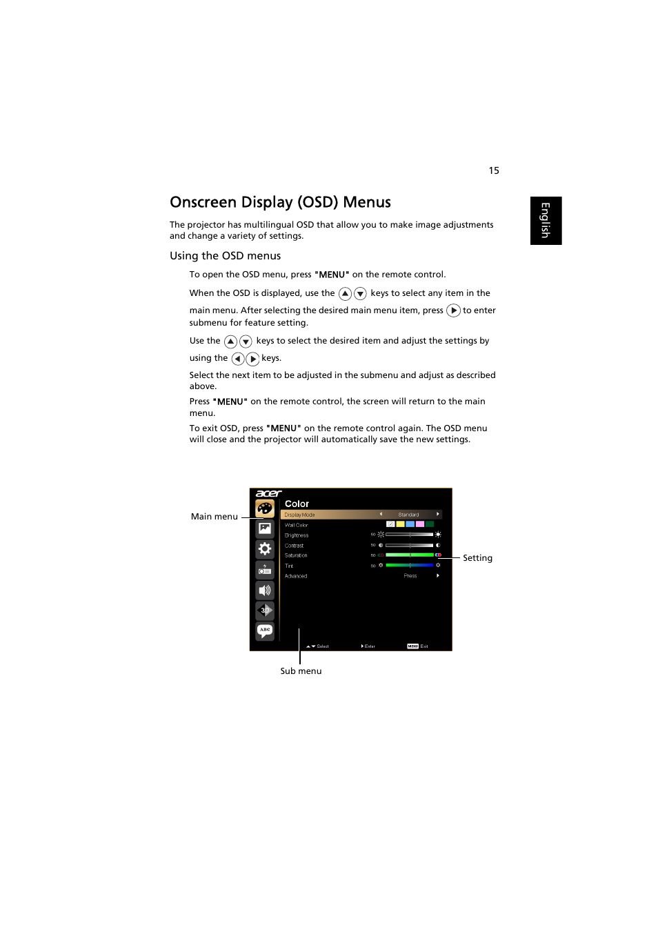 Onscreen display (osd) menus | Acer K130 User Manual | Page 25 / 50