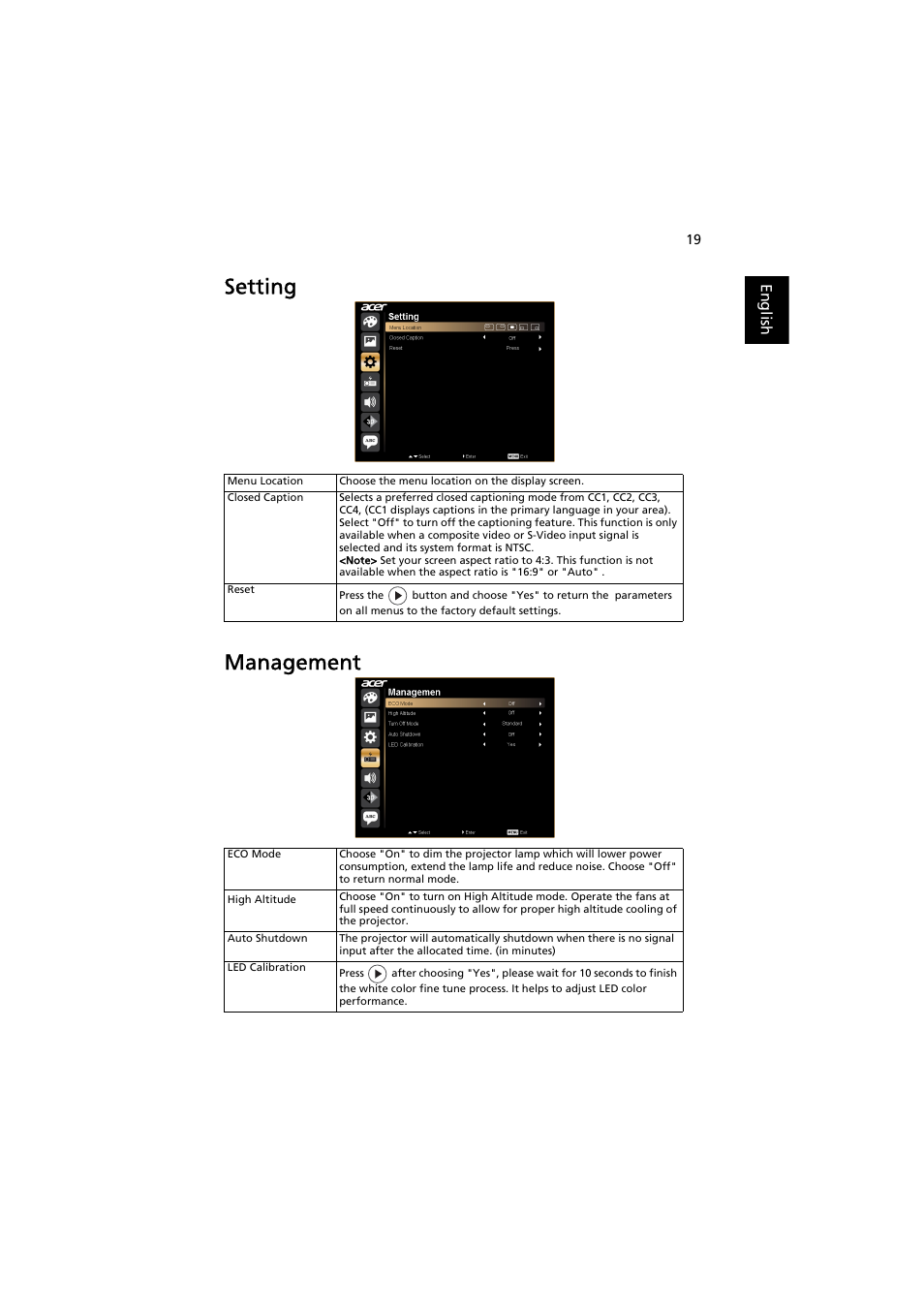 Setting, Management, Setting management | Acer K130 User Manual | Page 29 / 50