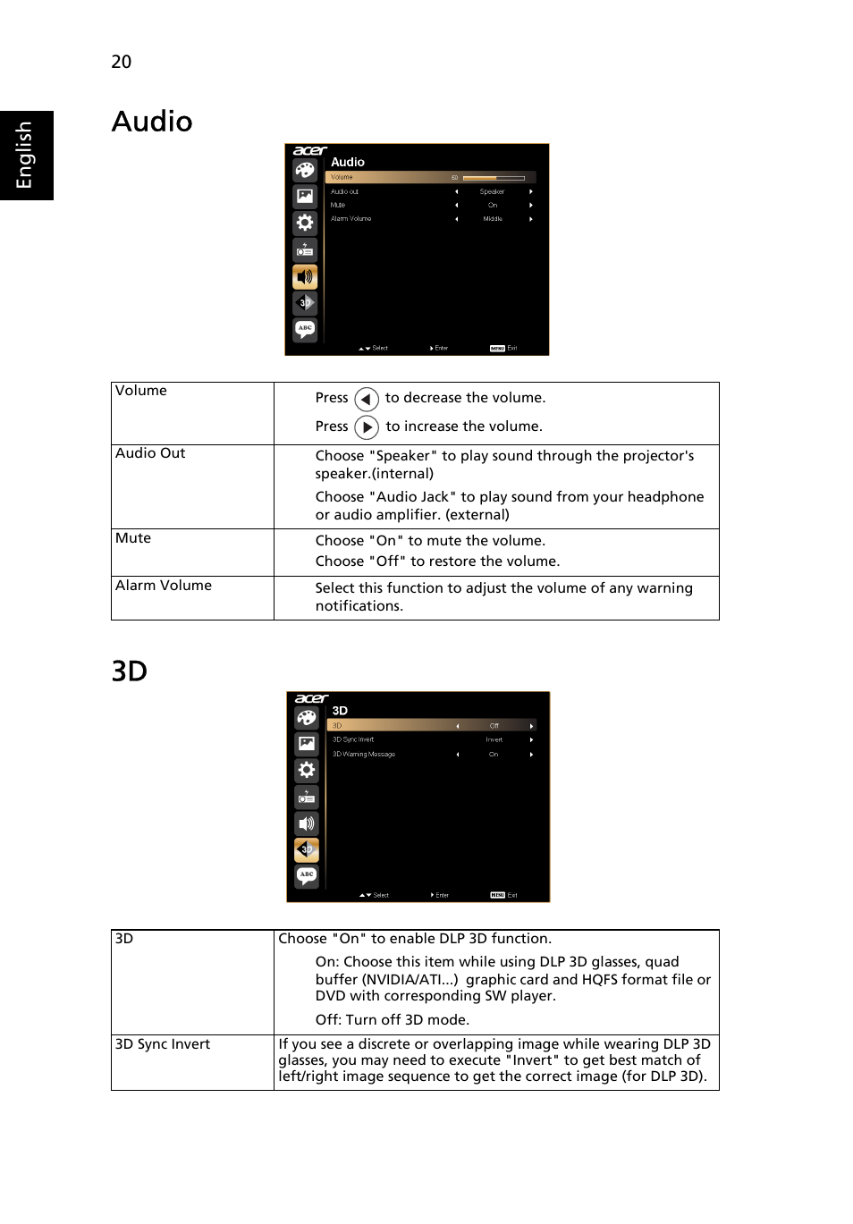 Audio, Audio 3d | Acer K130 User Manual | Page 30 / 50